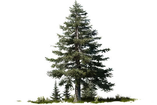 Fir tree with green leaves and brown trunk isolated on transparent background