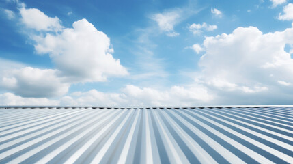 Metal sheet roof, Galvanized surface, steel roofing sheet, house and sky view with bright white clouds in sunny day. - obrazy, fototapety, plakaty
