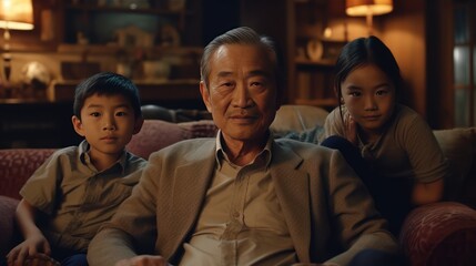 Happy asian grandparent with grandkids - obrazy, fototapety, plakaty