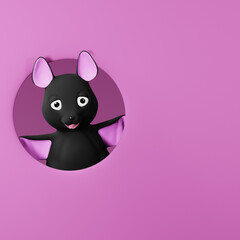 Cute Halloween bat looking from circle frame. 3d render