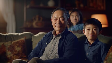 Happy asian grandparent with grandkids - obrazy, fototapety, plakaty