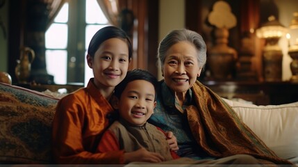 Happy asian grandparent with grandkids