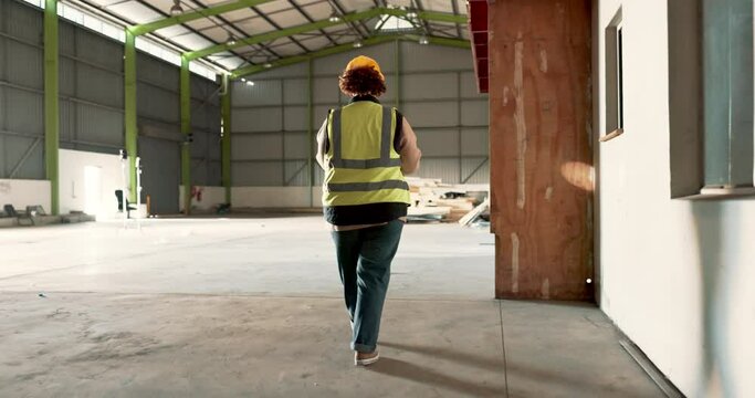 Engineering, woman and construction site inspection, building development and industrial renovation on tablet. Contractor, builder or worker with digital checklist, walking and check architecture