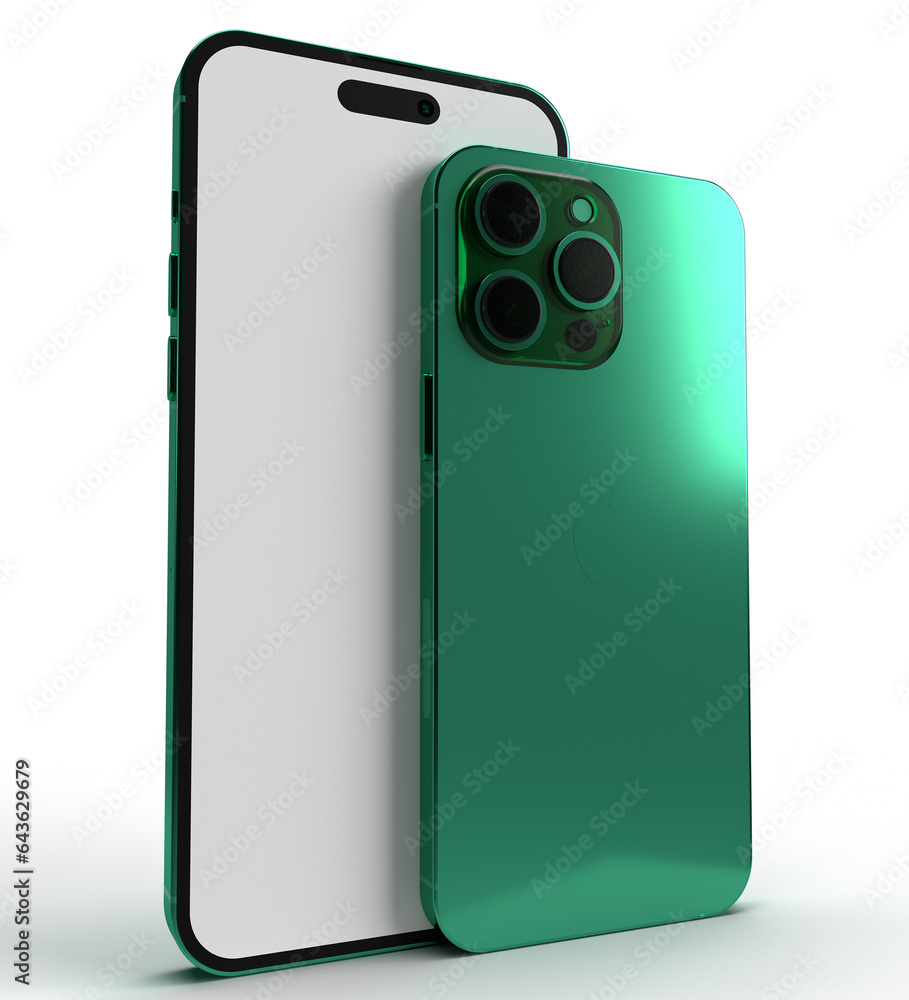 Poster mobile smartphone cellphone green mint color front back view white isolate mock up empty blank techn