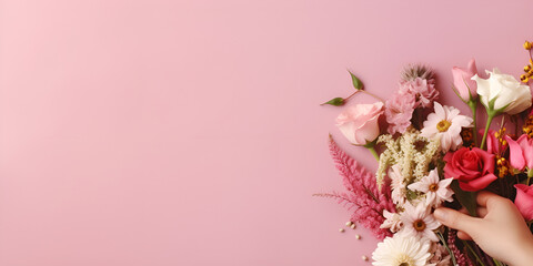 Obraz na płótnie Canvas Breathtaking Floral Arrangement Stock Photos on Pink Captivating Pink Floral Composition Stock Pictures Cheerful Flower Bouquet against a Pink Backdrop Stock Pics Ai Generative
