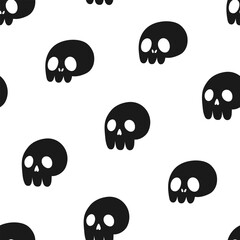 Hand drawn cute monochrome seamless pattern with little skulls. Flat vector Halloween print in doodle style. Evil dead head character. Repeated scary skeleton mascot background, wrapping or wallpaper.