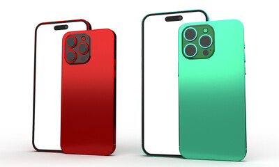 smartphone phone mobile 14 15 number series front back view mock up white isolate background gadget cellphone cellular display device electronic red crimson mint green color frame camera business icon