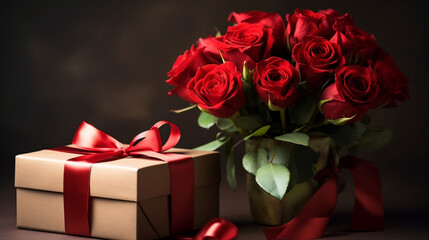Beautiful background with a bouquet of roses and a gift