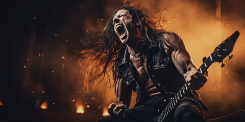 heavy metal, thrash metal frontman, shouting in dynamic motion.