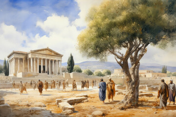Historical Greek Agora with Olive Trees in Watercolor - obrazy, fototapety, plakaty
