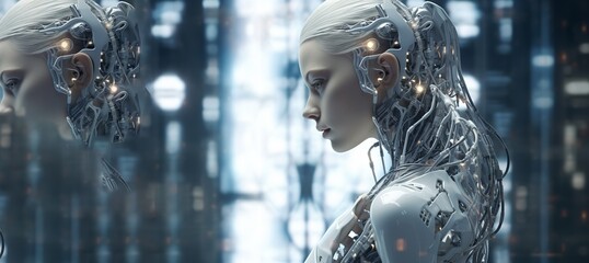 A computer-generated humanoid fictional cyber girl with a neural network thinks. Copy Space for text. Generative Ai.