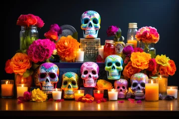 Fotobehang Aquarel doodshoofd Dazzling Mexican Day of the Dead Display
