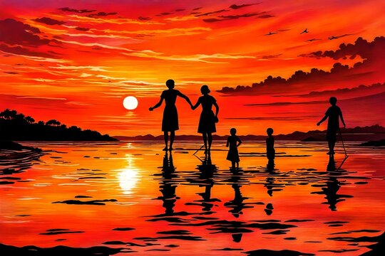 Silhouette figures stand tall against the magnificent backdrop of a sunset shadow on water