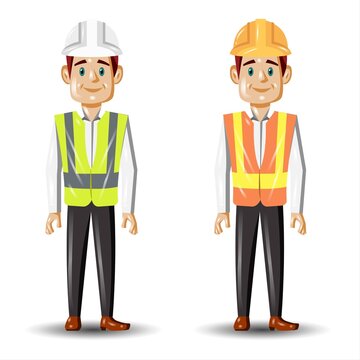 Engineer, architect, construction worker in different poses. Vector illustration