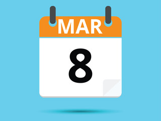 8 March. Flat icon calendar isolated on blue background. Vector illustration.