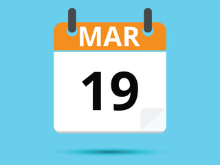 19 March. Flat icon calendar isolated on blue background. Vector illustration.
