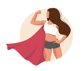 A superwoman showing her power with strong body in red coat. Vector colourful illustration isolated on white background.