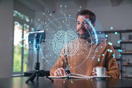 Happy man is making video blog using smartphone on a tripod explaining, teaching, master class people in room. Concept of online stream, business education, conference call. Technology Ai icons