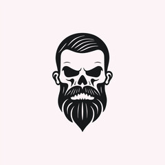 A stylish barbershop logo features a skull man with slicked back hair, beard, and mustache