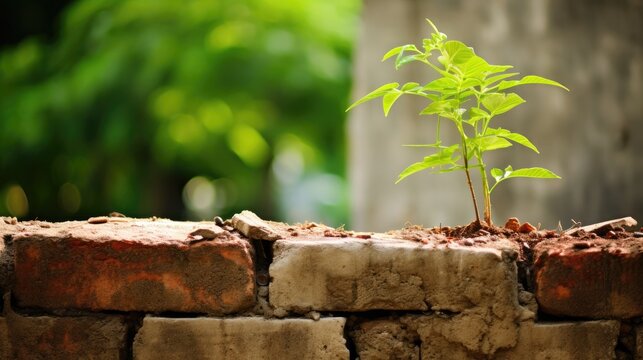 Small green plant growing up out of the old brick wall. Concept of inspiration. Generative AI