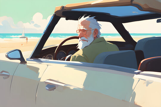 Picture an old man with a white beard driving along the beach in a nice convertible car. Generative Ai