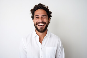 Fototapeta premium Masculine Beauty: Smiling Man in Studio Portrait in white concept