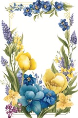 Watercolor Style Floral Bouquet with Blue Hydrangeas, Yellow Tulips and Purple Orchids on White Background
