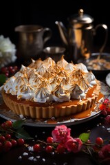 Fototapeta premium A Pumpkin Meringue Pie with a fluffy toasted meringue topping.