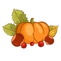 Autumn vegetable composition with pumpkin, leaves, berries, fruits and mushrooms.