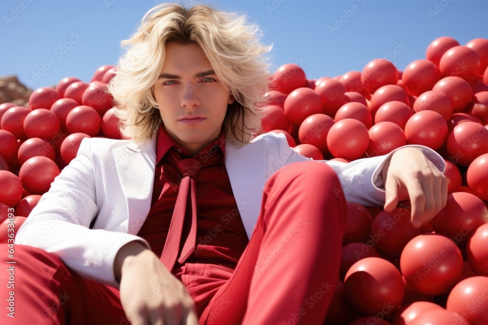 Poster a man sitting in a pile of red balls. generative ai image.