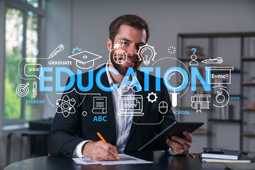 Considered businessman in formal wear signing contract holding tablet device at office room with papers. Concept of successful business deal, agreement, partnership, documents. Education icons.