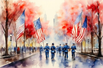 Colorful Tribute to Veterans with Flags and Band - obrazy, fototapety, plakaty