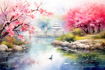 Calming Zen Garden Reflections in Watercolor