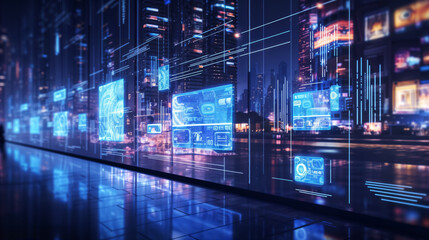 Fototapeta premium Transparent displays in the city of the future. Created with generative Ai technology. 