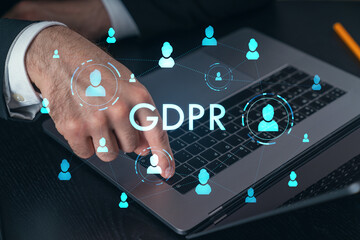 Woman typing on laptop at office workplace in background. Concept of working process, internet surfing, online business education. Student send e-mail. Close up view. Hands Shot. Technology icons