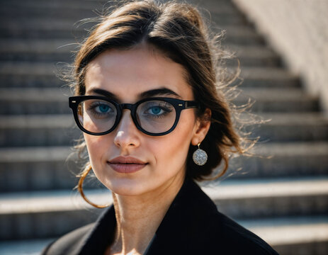 photo of beautiful woman with black bold glasses at staircase in front of building, generative AI