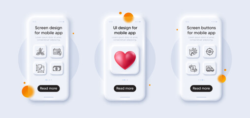 Social responsibility, Eye target and Spanner line icons pack. 3d phone mockups with heart. Glass smartphone screen. Floor plan, Fair trade, Banking web icon. Vector