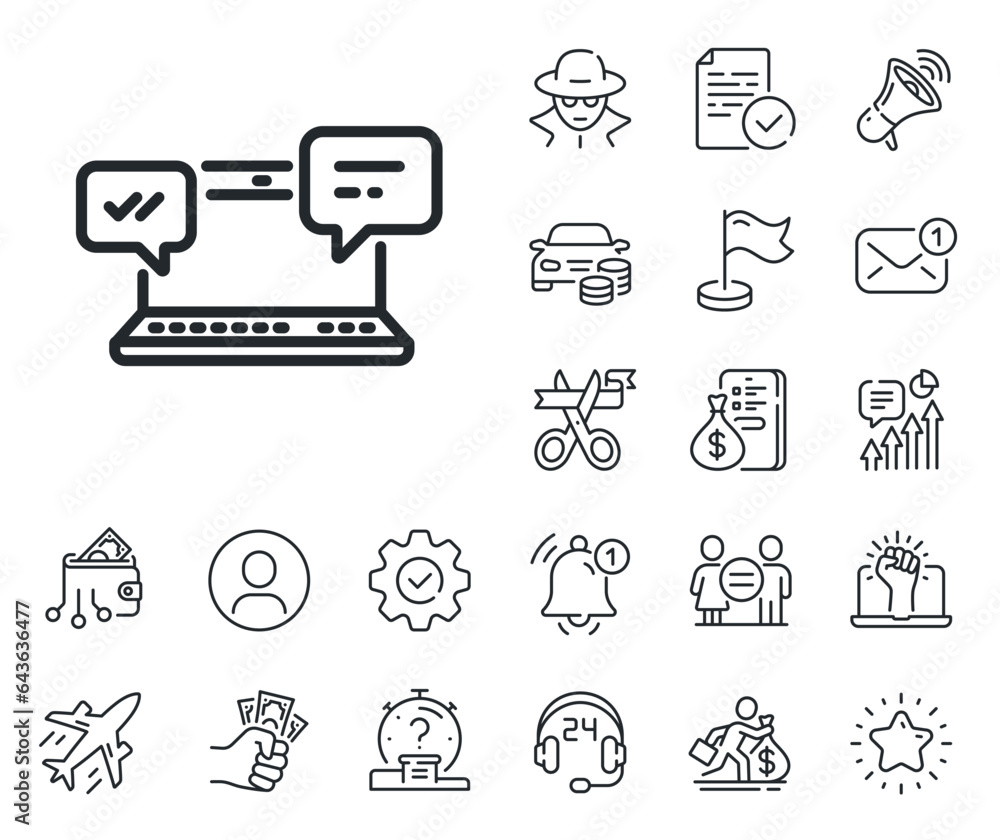 Poster chat or conversation sign. salaryman, gender equality and alert bell outline icons. internet message