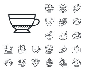 Hot drink sign. Crepe, sweet popcorn and salad outline icons. Dry Cappuccino coffee icon. Beverage symbol. Dry Cappuccino line sign. Pasta spaghetti, fresh juice icon. Supply chain. Vector