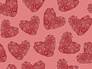 Beautiful decorative vector seamless pattern with cute festive red hearts