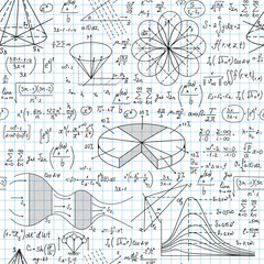 "Back to school" vector seamless pattern with math formulas, figures and calculations handwritten on a grid copybook sheet of paper 