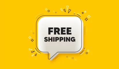 Behang Free shipping tag. 3d speech bubble yellow banner. Delivery included sign. Special offer symbol. Free shipping chat speech bubble message. Talk box infographics. Vector © blankstock