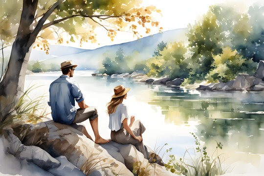 A man and a woman spend leisurely time sitting by the river and looking at the river. Generative AI