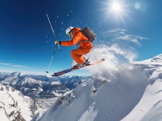 Naklejka na ściany i meble Flying skier in the air on snow mountain. Extreme winter sport