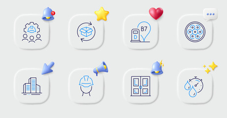 Buildings, Foreman and Return parcel line icons. Buttons with 3d bell, chat speech, cursor. Pack of Timer, Diesel station, Cable section icon. Engineering team, Door pictogram. Vector