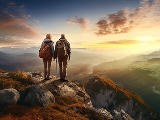 Couple hiking in mountains at sunset. Travel and active lifestyle concept