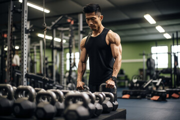 Fototapeta na wymiar Asian muscular man selecting kettlebel in a gym , male bodybuilding