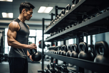 Fototapeta na wymiar Asian muscular man selecting kettlebel in a gym , male bodybuilding