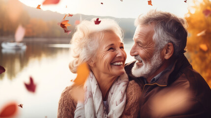 Happy senior couple hugging each other and sitting at lake with autumn colors leaves in the air, enjoying fall day at the lake