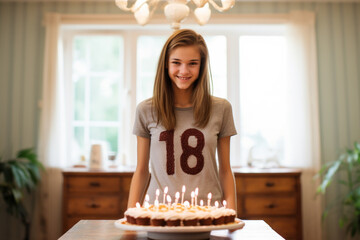 Cute 18 year old teen girl in front of a cake, celebrating her eighteen adulthood birthday , majority or legal age concept